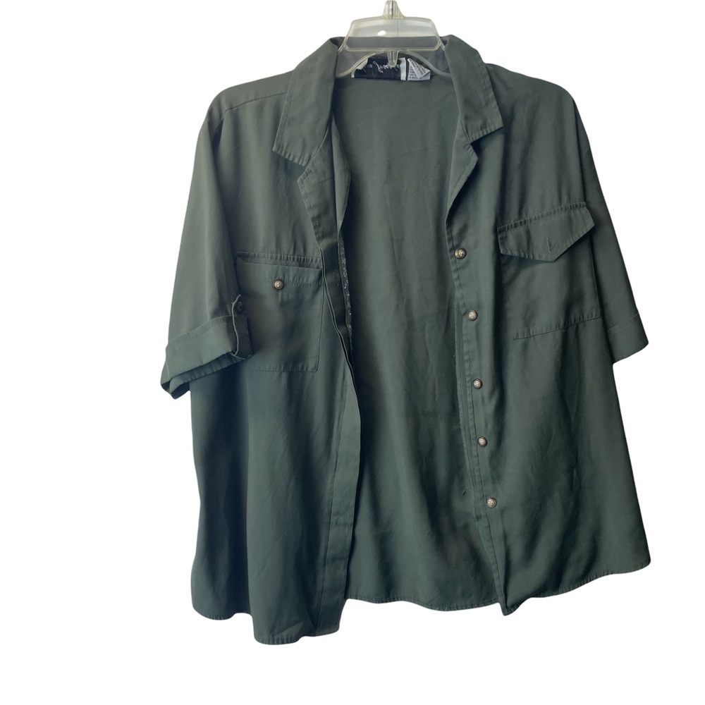 Lisa Joseph large army green casual short sleeve button up women’s top blouse